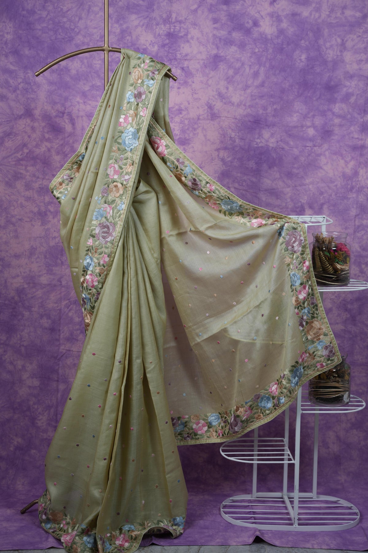 Tussar Parsi Work - Olive Green