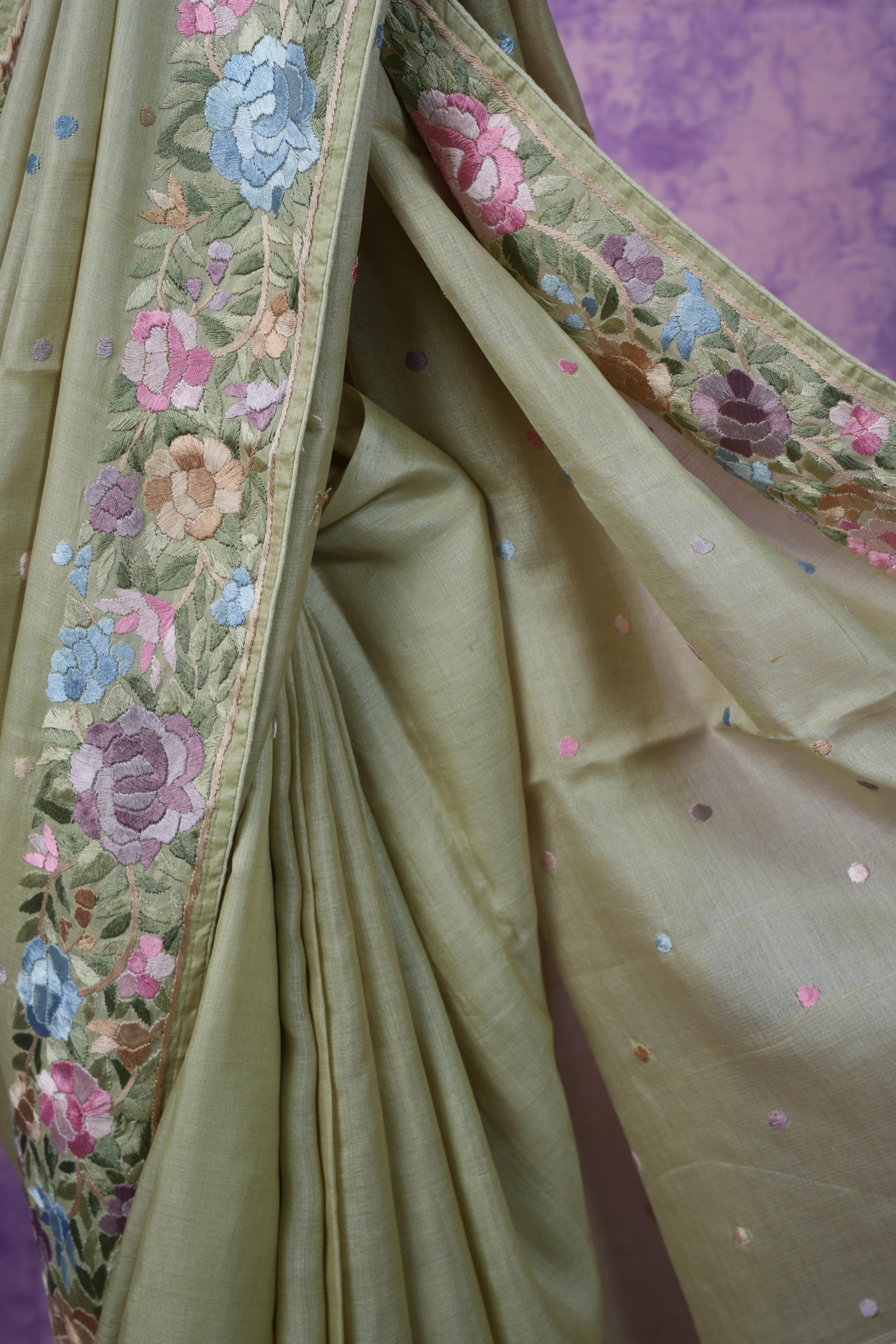 Tussar Parsi Work - Olive Green