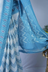 Ikkat cotton - white & Sky Blue