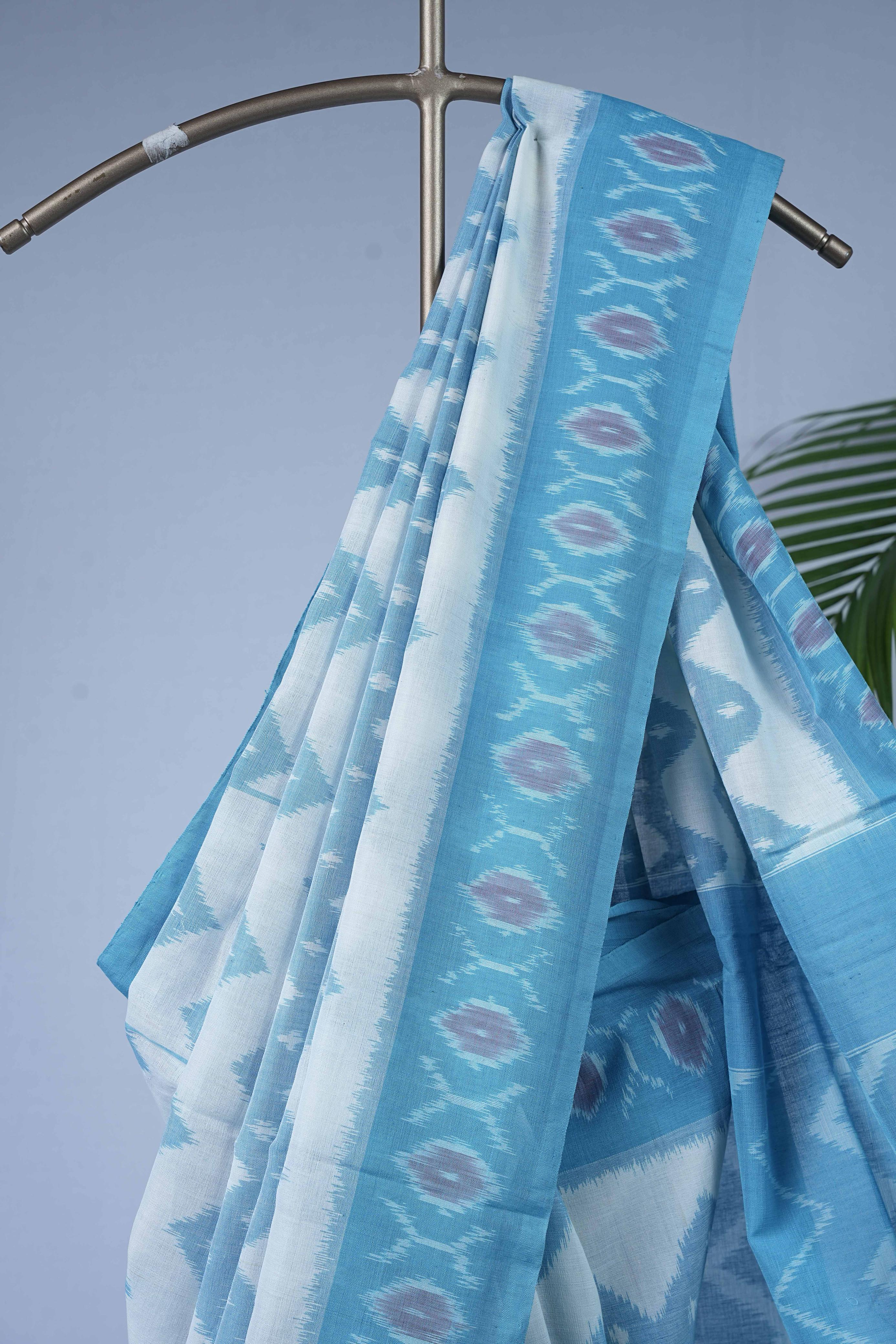 Ikkat cotton - white & Sky Blue