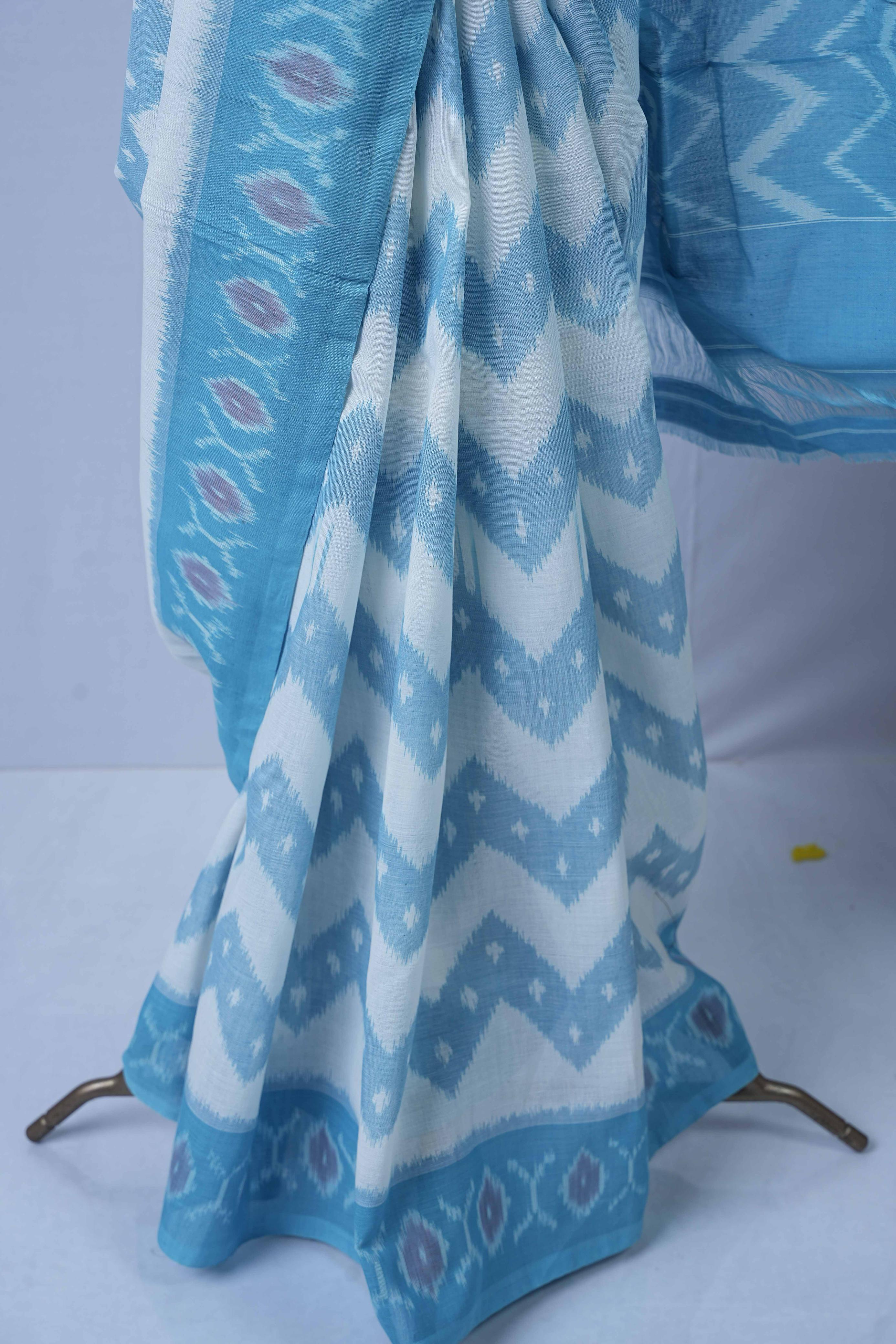 Ikkat cotton - white & Sky Blue