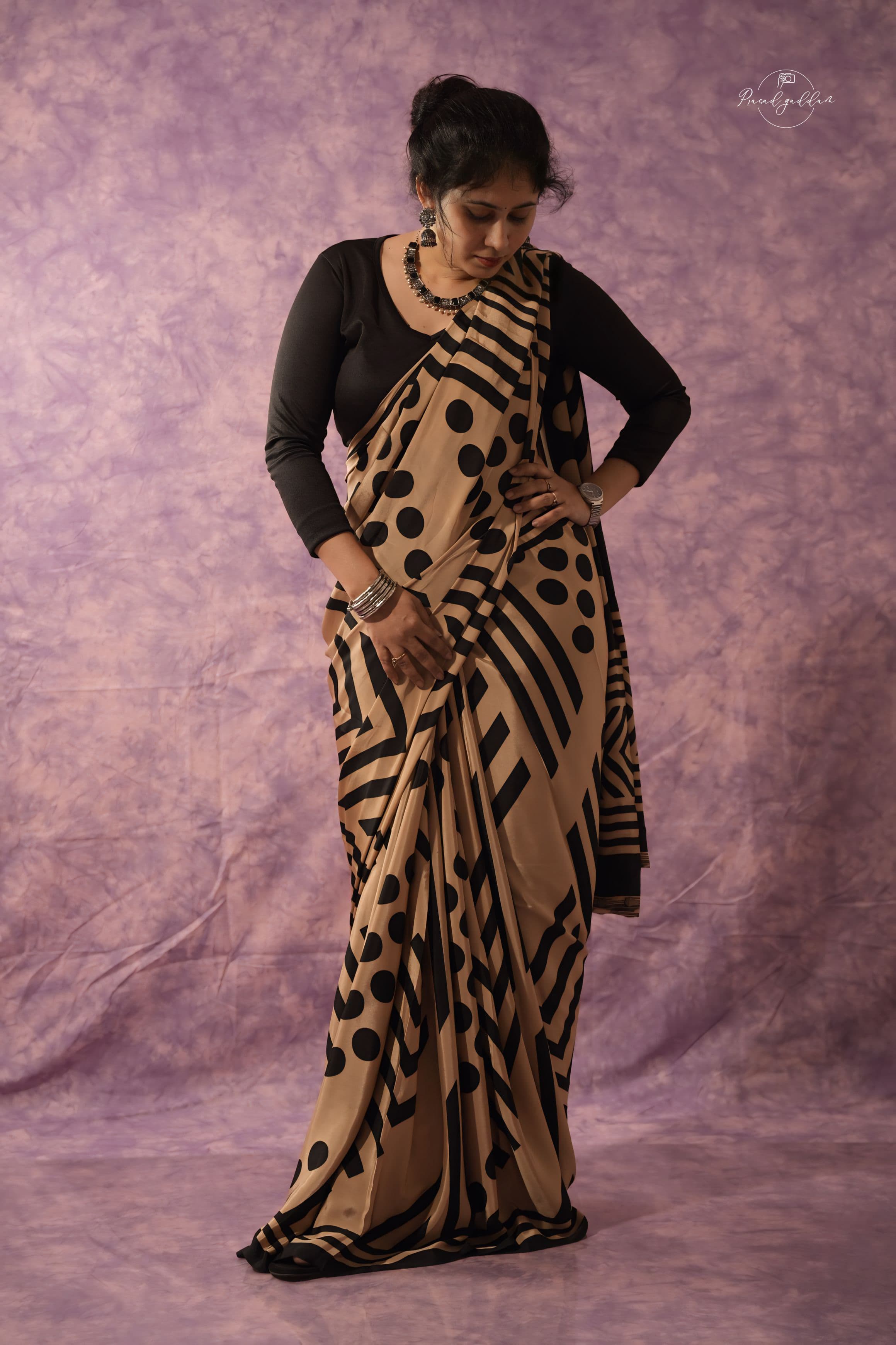 Crepe Saree - Gold & Black Color