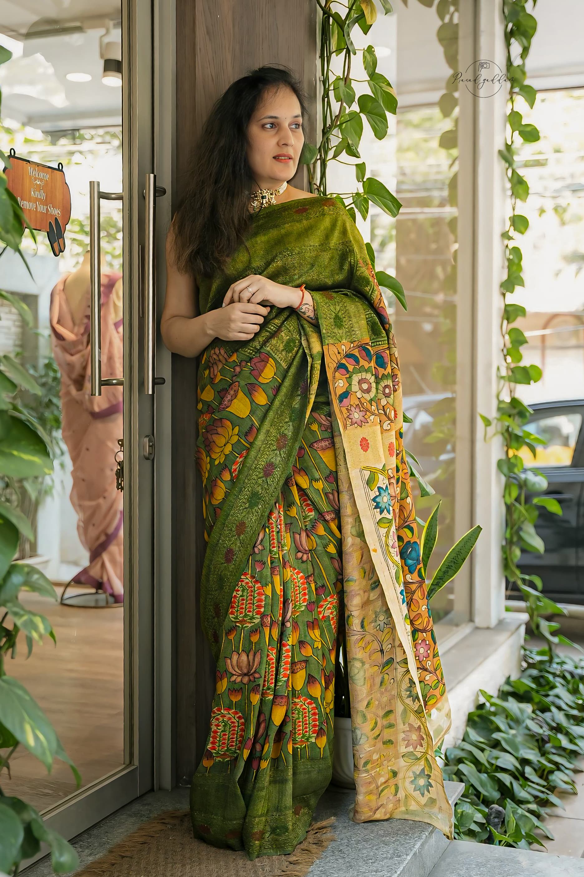 Banarasi Pen Kalamkari - Olive Green