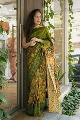 Banarasi Pen Kalamkari - Olive Green