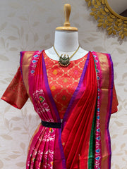 Ikkat Pattu Saree - Rani Pink & Red