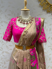 Ikkat Pattu Saree - Beige & Rani Pink