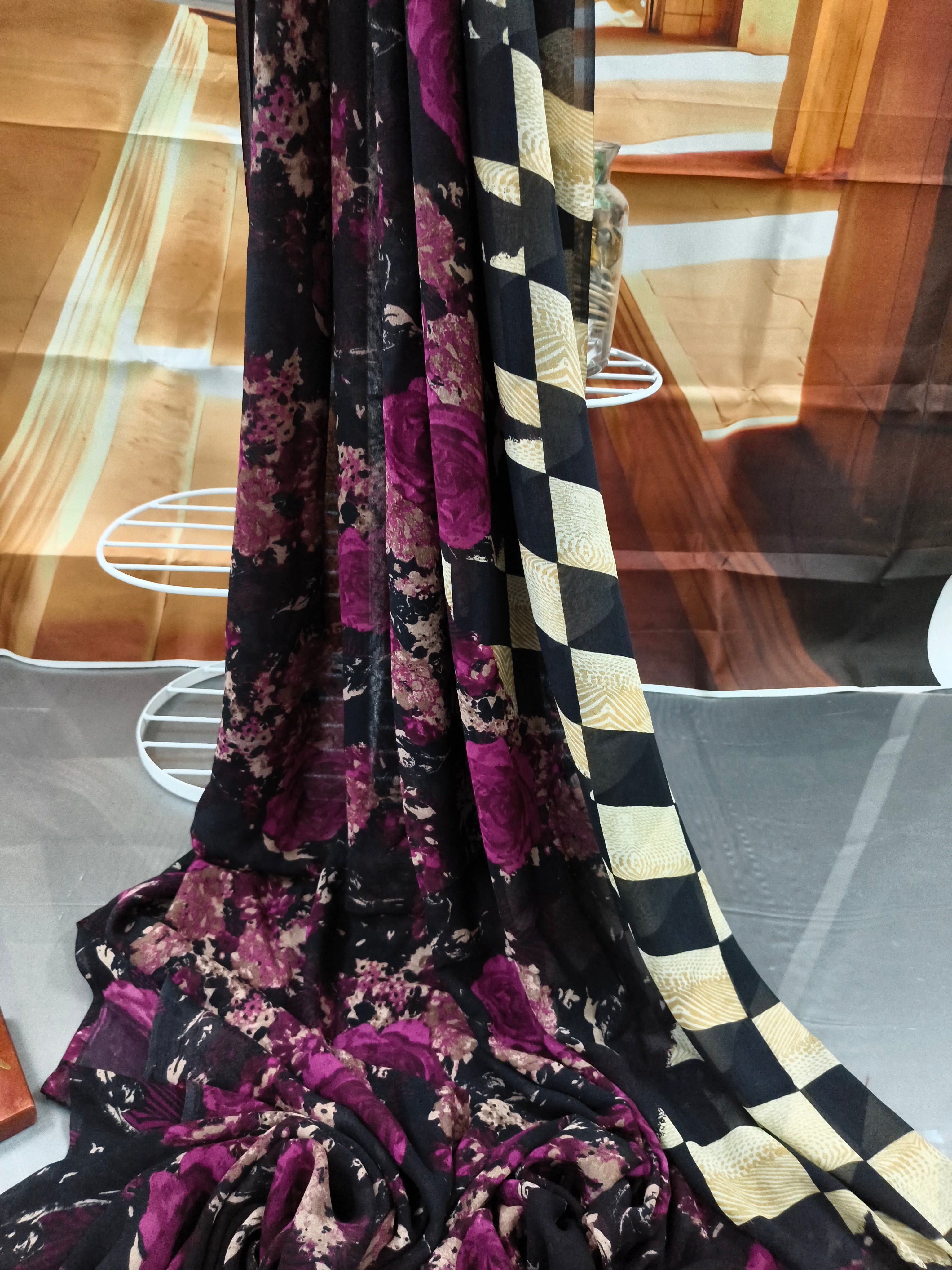 Pure Georgette - black floral saree