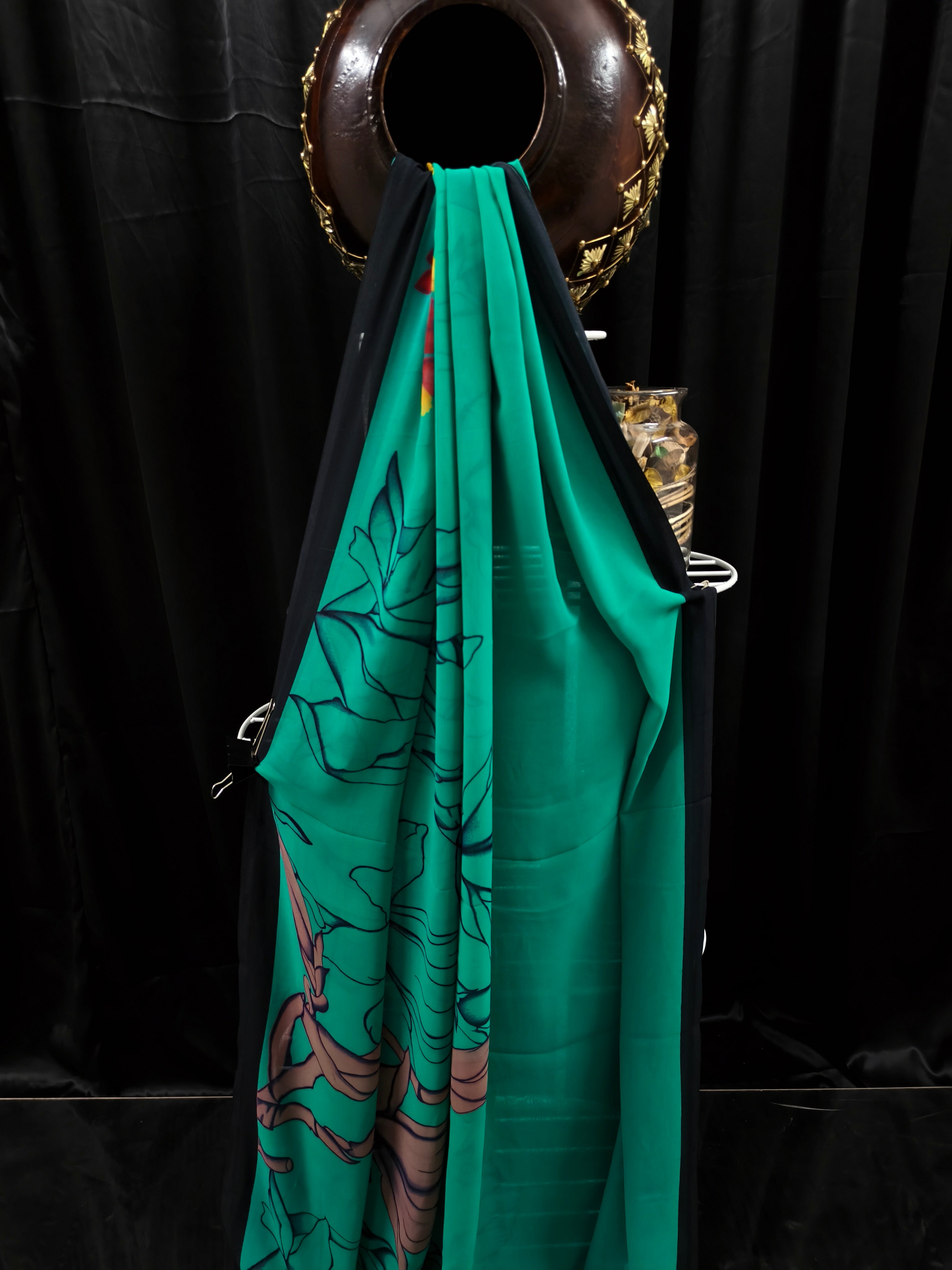 Georgette - Aqua Green with multi-shade artistic print