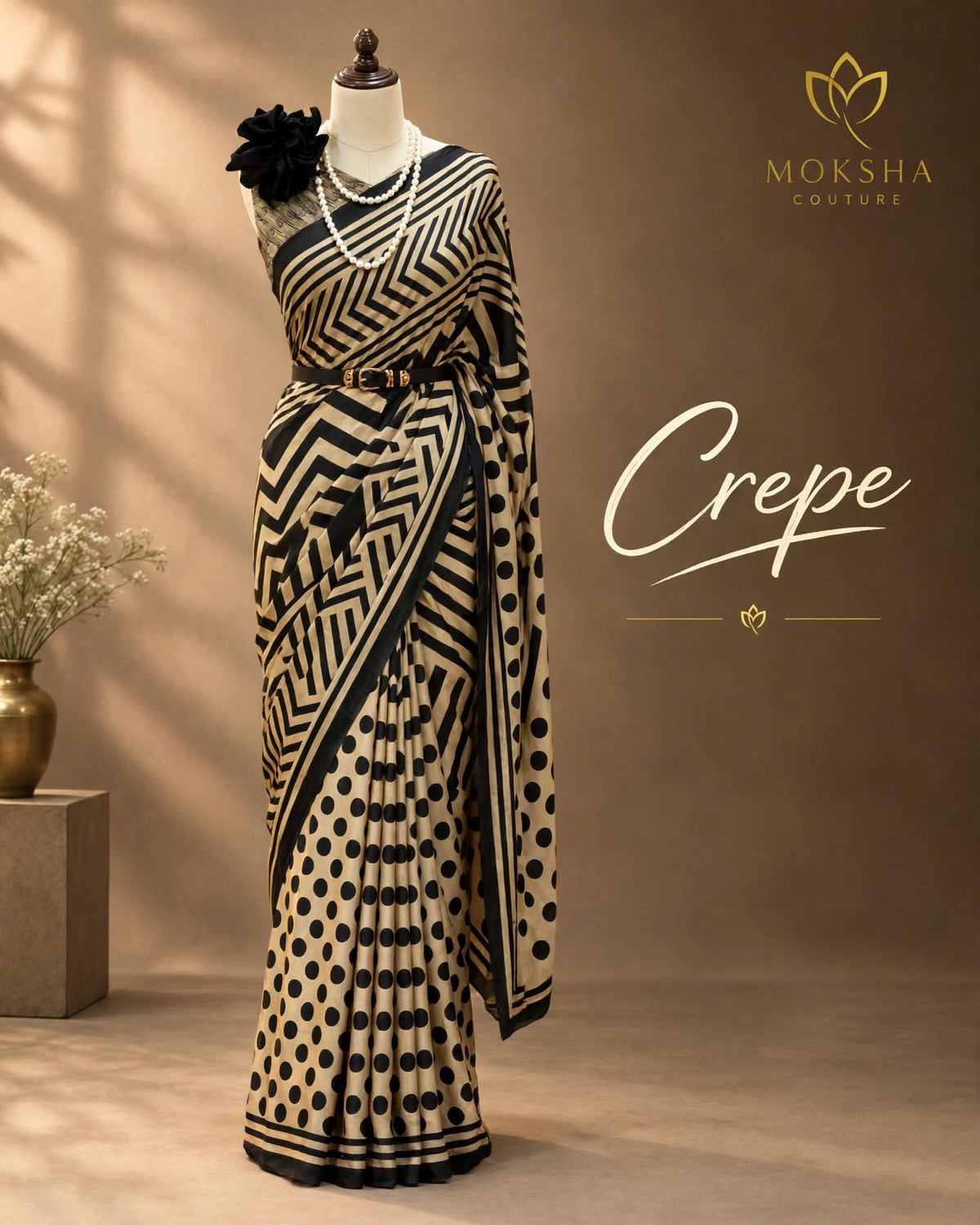 Crepe Saree - Gold & Black Color