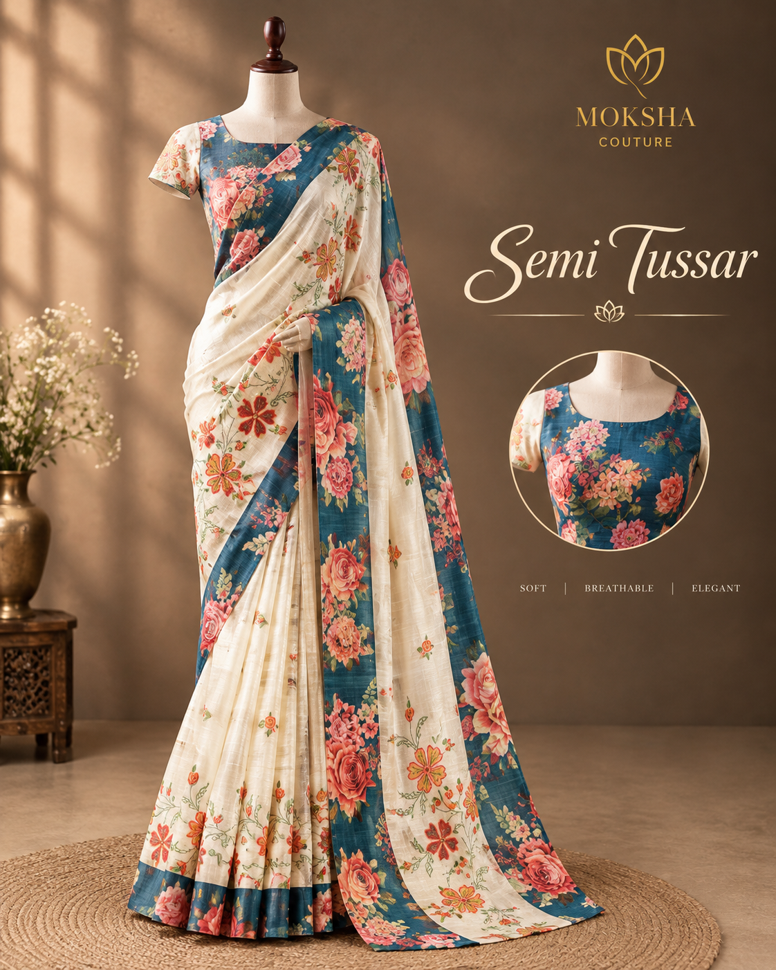 Semi Tussar - Ivory & Teal Blue