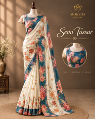 Semi Tussar - Ivory & Teal Blue