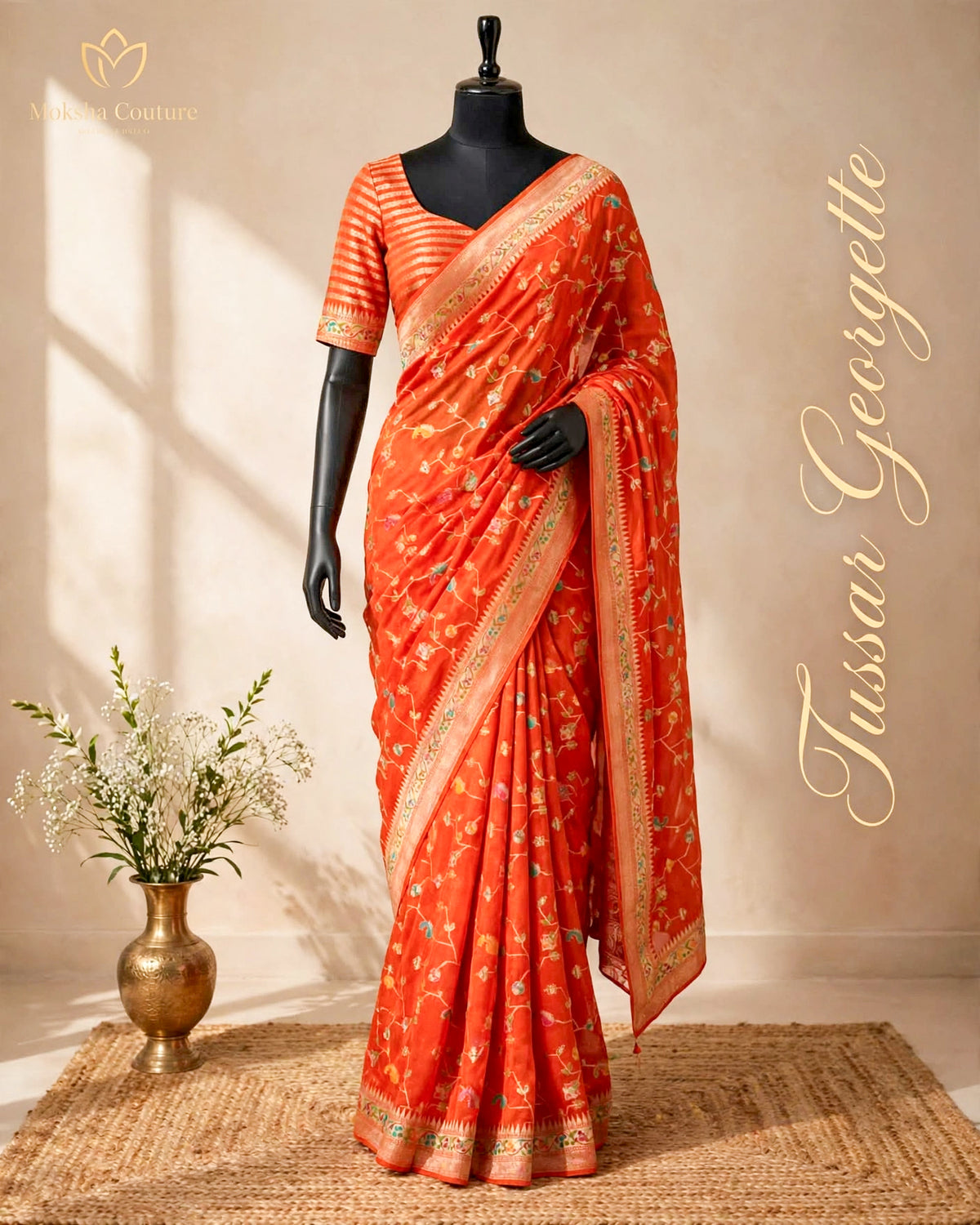 Tussar Georgette - Orange Floral