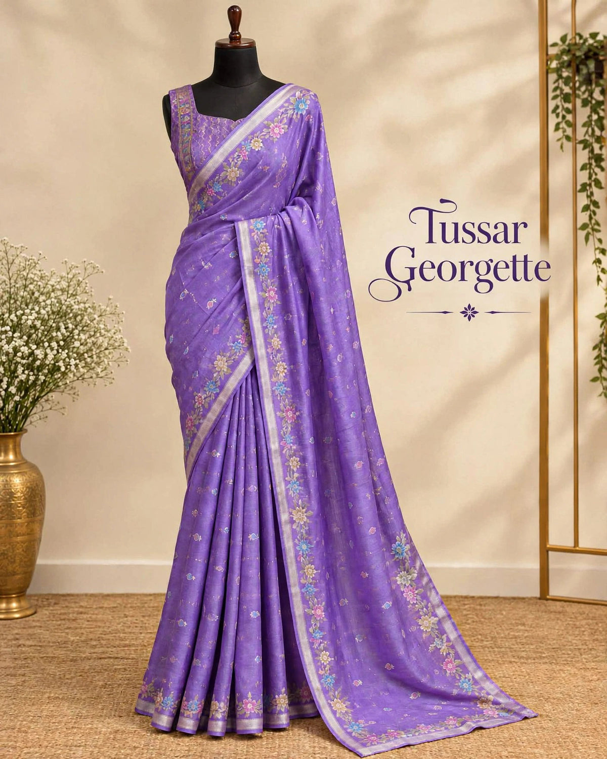 Tussar Georgette - Purple Floral Saree