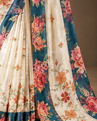 Semi Tussar - Ivory & Teal Blue