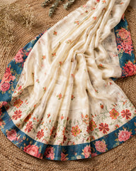 Semi Tussar - Ivory & Teal Blue