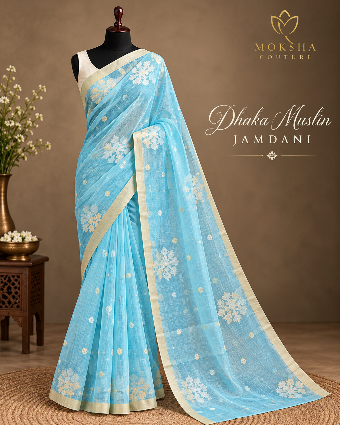 Dhaka Muslin Jamdani Saree - Sky Blue